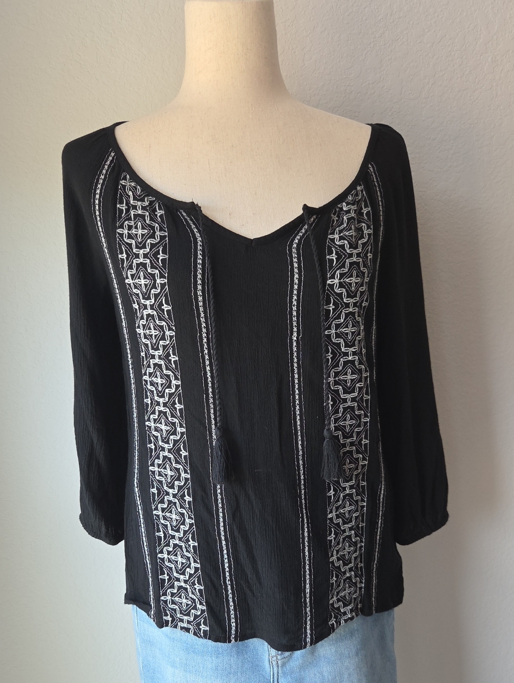 Mudd Black Peasant Blouse with White Embroidery